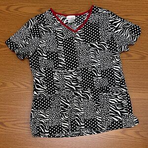Black & White Animal Print Scrub Top – Red Trim Accent